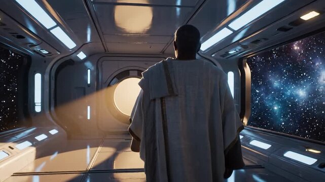 Man in a white cloak stands inside a futuristic corridor with an observation window looking at outer space
