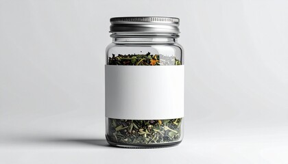 "Glass jar with wooden lid and brown tag filled with dried herbs on neutral background."