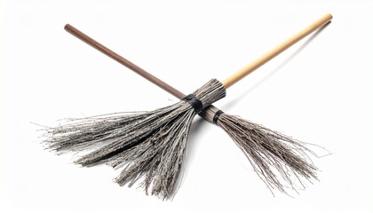 "Traditional twig broom with wooden handle on white background."