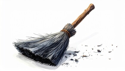 "Traditional twig broom with wooden handle on white background."