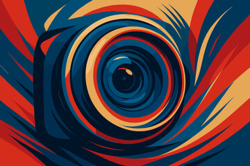 Abstract Camera Lens. Artistic abstract camera lens in bold red, blue, and gold tones, dynamic and vector illustration modern