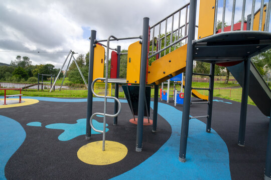 Children's playground at Durrockstock Park - Local Nature Reserve. Scotland, UK. Children and families can now enjoy the area at Park, which has a host of accessible and inclusive facilities. 