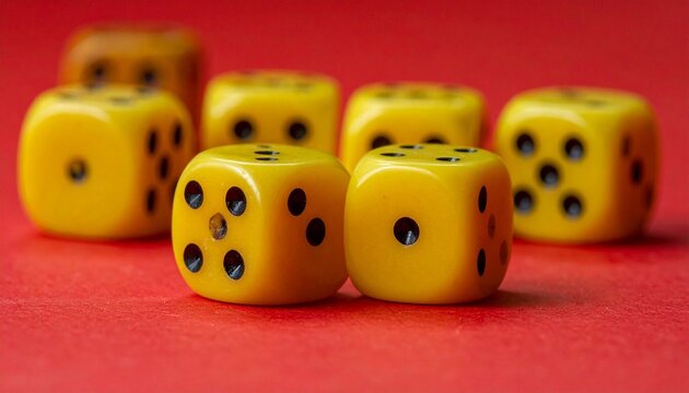 "Yellow dice with black and white pips arranged on red surface in grid pattern."