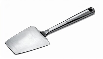 "Metal spatula with flat blade and dark handle on neutral background."