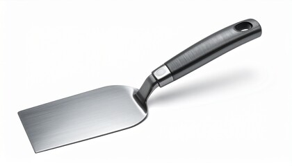 "Metal spatula with flat blade and dark handle on neutral background."