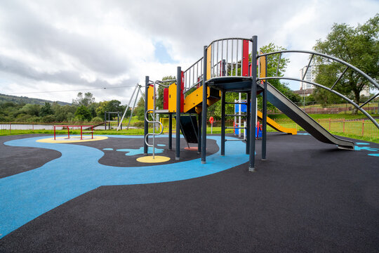 Children's playground at Durrockstock Park - Local Nature Reserve. Scotland, UK. Children and families can now enjoy the area at Park, which has a host of accessible and inclusive facilities. 