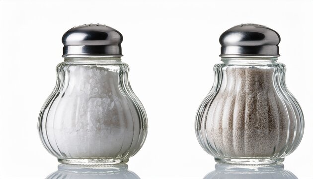 glass salt shaker filled with fine white salt seasoning container isolated on white background