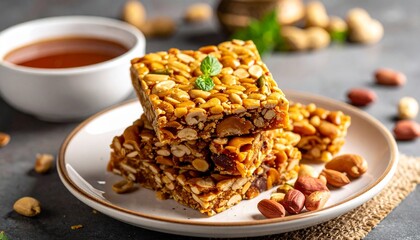 "Nut and seed brittle bars with mint garnish on wooden surface and red bowl in background."