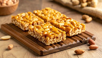 "Nut and seed brittle bars with mint garnish on wooden surface and red bowl in background."