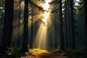 Obraz premium Sunlight dapples through the dense canopy of a majestic pine forest, illuminating the rich textures of the bark and needles A tranquil scene of nature's beauty and serenity , trees, summer