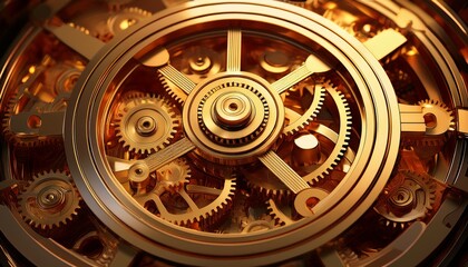golden gears interlock driving the hands of a clock in a display of complex mechanics and precise timekeeping