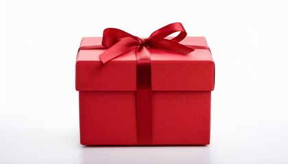 Obraz premium cube shaped gift box wrapped in red paper with neat tied ribbon bow elegant present packaging perfect for gift mockups celebration graphics or e commerce listings isolated on white background
