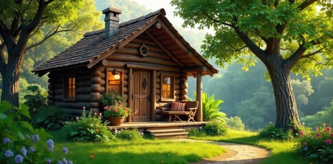 A charming rustic hut nestled amongst lush greenery, bathed in warm sunlight  Its intricate wooden details and cozy atmosphere exude tranquility and natural beauty , spring, light