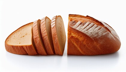 golden brown loaf of bread cut into even slices artisanal bakery loaf isolated on white background