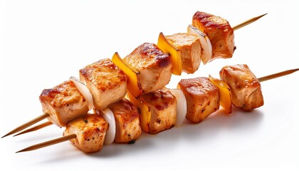 two skewers of grilled chicken cubes stacked diagonally cooked food isolated on white background