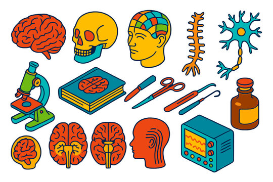 Vintage Neurology Icons. Isometric vector illustration set Vintage Neurology: human brain diagram, anatomical skull, phrenology