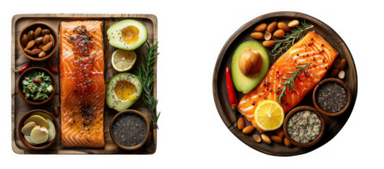 Healthy baked salmon fillets with avocado, lemon, herbs, seeds, and nuts on wooden boards, isolated on transparent background