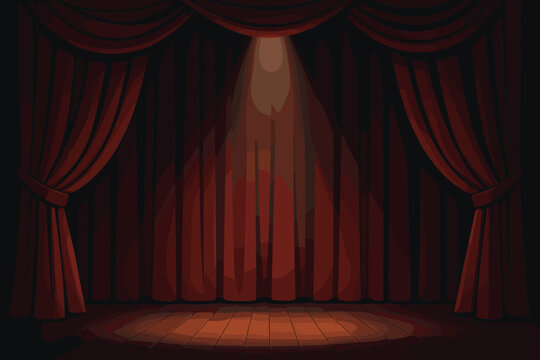Dramatic Red Curtains. Theater stage with vector illustration rich red curtains under dramatic spotlighting, moody and elegant