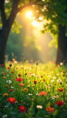 Obraz premium Golden sunlight streams through leaves onto a sun-drenched summer meadow, wildflowers blooming vibrantly A feeling of sacred peace and summer's warmth pervades the scene , yellow, vibrant, earth