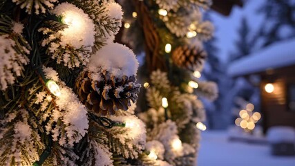 Snowy Christmas wreath close-up with glowing string lights and frosty pine cones, representing holiday spirit.