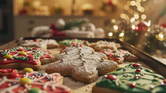 Decorated Christmas cookies on baking sheet ready to serve for video concept. Christmas cookies, sweet homemade baked treats, are decorated with icing, sprinkles, and powdered sugar.