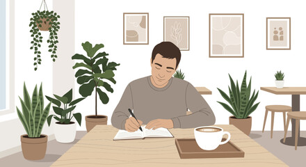 Man immersed in reflective journaling with calming coffee amidst indoor plants