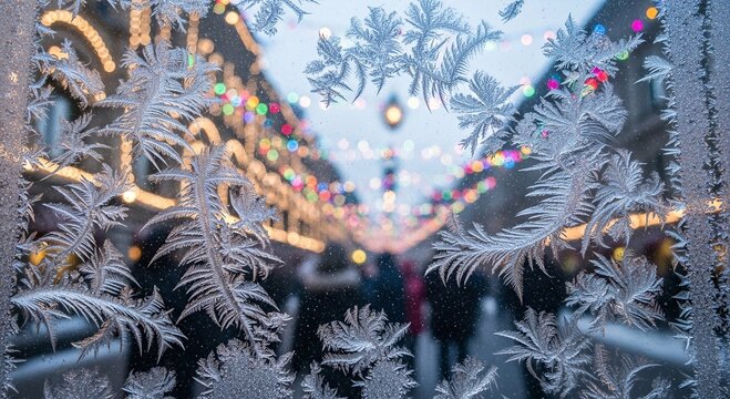 Frosty window with decorative ice crystals looking out onto blurred city street lights. Winter holiday season background for christmas celebration.