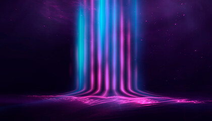 Wet asphalt, reflection of neon lights, a searchlight, smoke. Abstract light in a dark empty street with smoke, smog. Dark background scene of empty street, night view, night city.