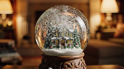 Snow globe with miniature winter scene for holiday spirit. Snow globe presents cozy house, surrounded by snowy trees and soft glowing lights, creating festive atmosphere. - Powered by Adobe