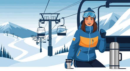 Animated woman enjoying a hot drink on a ski lift in a scenic mountain winterscape