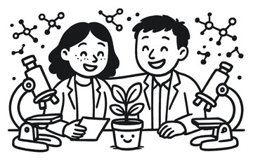 Joyful Laboratory Scene. Friendly doodle scientific collaboration with happy researchers, cartoon plants on the table smiling,