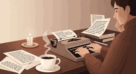 Vintage writing scene: man at typewriter with candle and coffee illustration