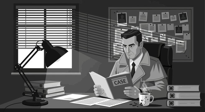 Noir investigator reviewing case files in a dimly lit office atmosphere