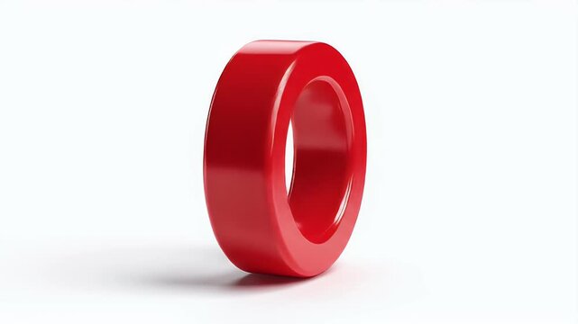Isolated red toroidal inductor component on white background for electronic design.