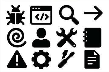 Debugging Icons Collection. Solid style icons of software debugging and troubleshooting: bug icon, code window, magnifying glass,