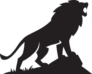 Majestic roaring lion silhouette standing tall on a rock emblem Vector