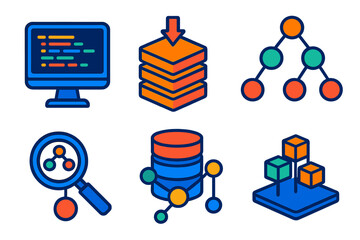 Isometric Graph Theory Icons. Isometric vector illustration set Graph Theory in Computer Science: algorithm code screen, data