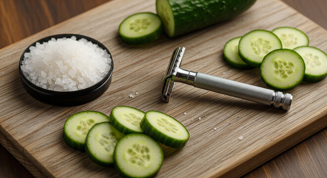 Natural Shaving: Cucumber, Sea Salt, and Sustainable Razor
A fresh and natural flat lay composition showcasing elements for a soothing, eco-friendly shaving experience