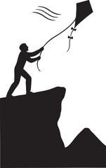 Silhouette of person flying a kite from a cliff, freedom concept Vector