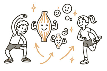 Joyful Recovery Doodle. Playful doodle recovery and adaptation illustration with happy muscles, cartoon runners stretching,