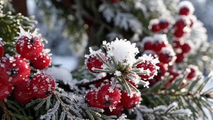 Frosty berries and evergreen boughs show winter's beauty, with bright red clusters of berries dusted with frost on deep green branches. - Powered by Adobe