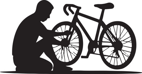 Person fixing bicycle wheel silhouette vector illustration icon Vector