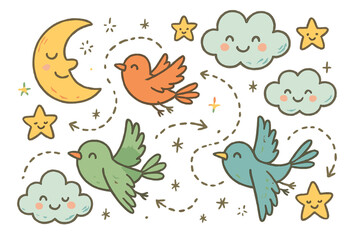 Cheerful Flight Doodle. Magical doodle long-distance flight scene with cheerful birds, cartoon moon and stars smiling, smiling