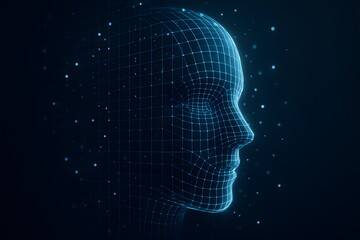 A modern abstract face made of digital grid lines representing facial recognition technology. Perfect for tech, security and AI visuals.
