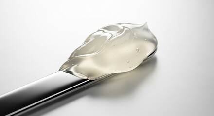 Gel texture on metal spatula with concept of copy space, white background  