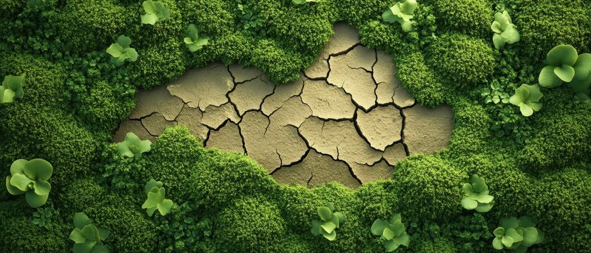 Lush green moss and small plants surround a dry cracked earth patch, contrasting life and arid conditions, symbolizing ecological balance and change.