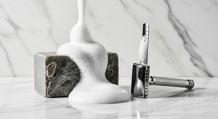 Luxurious Shaving: Safety Razor, Artisan Soap, and Rich Lather
A high-quality studio photograph capturing the essentials of traditional wet shaving. A chrome double-edge safety razor
