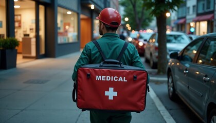 Medical worker walking in urban setting at night, paramedic carrying medical bag