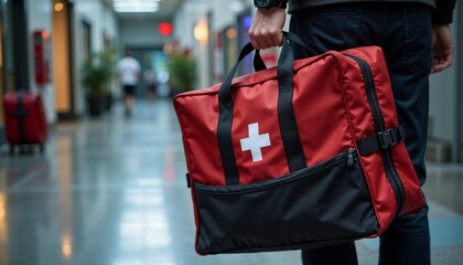 Person carrying a red medical bag in a hallway, paramedic carrying medical bag