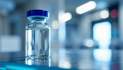 Glass vial with clear liquid on reflective surface, vaccine vial